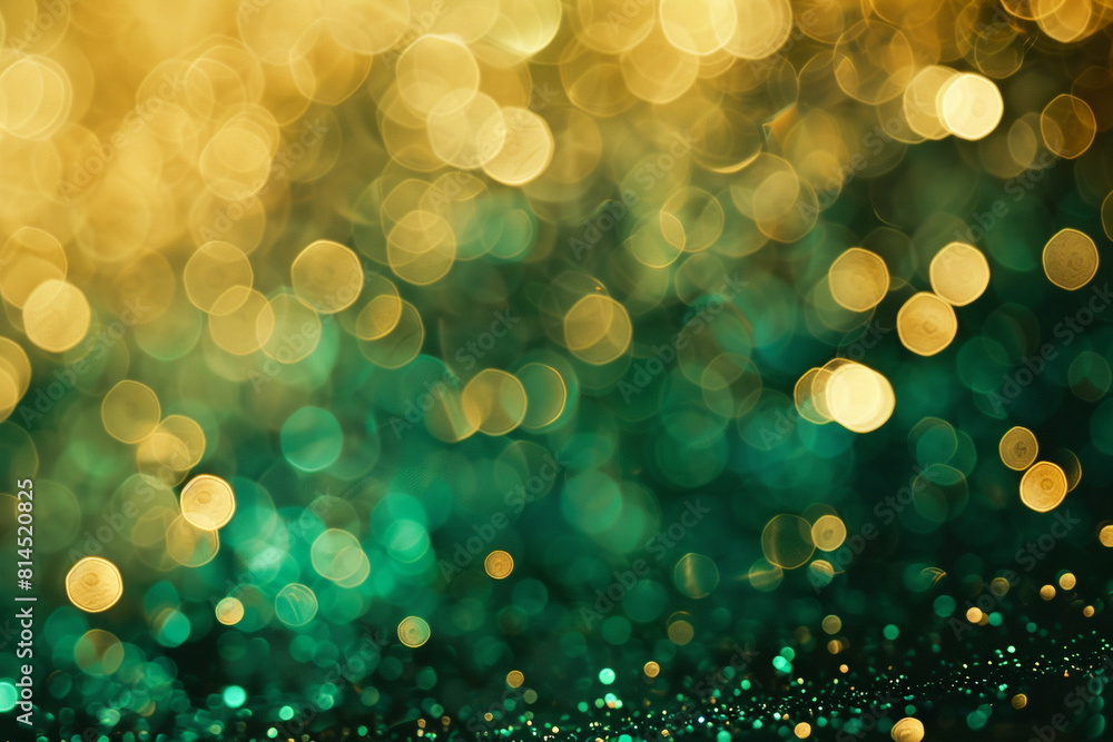 Poster abstract blur bokeh background gold bokeh on defocused emerald green background