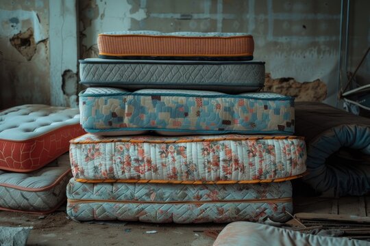 A pile of mattresses stacked on top of each other. Can be used for furniture or bedroom concepts