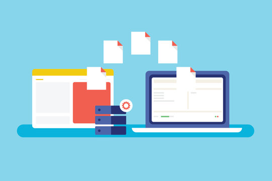 Website migration concept, transferring online business domain data to another server internet technology vector illustration.