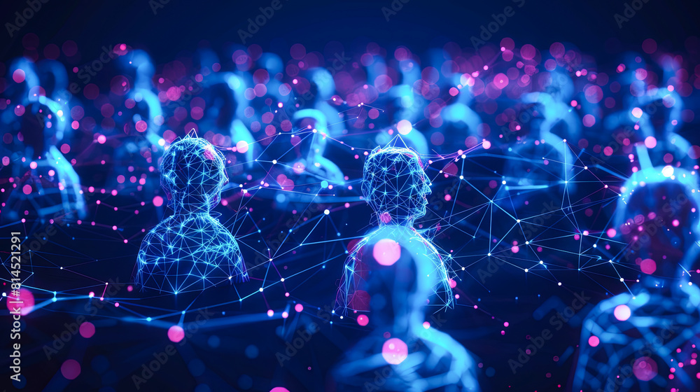 Poster 3d rendering of people connected with dots and lines on blue background
