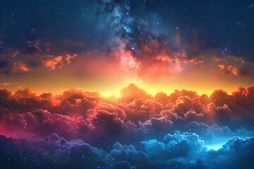 Naklejka premium Enchanted Starlit Sky: Colorful Swirls and Glowing Clouds