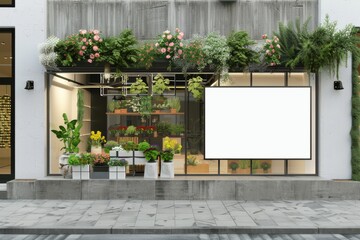 Modern florist store exterior with colorful flowers and blank billboard for advertising