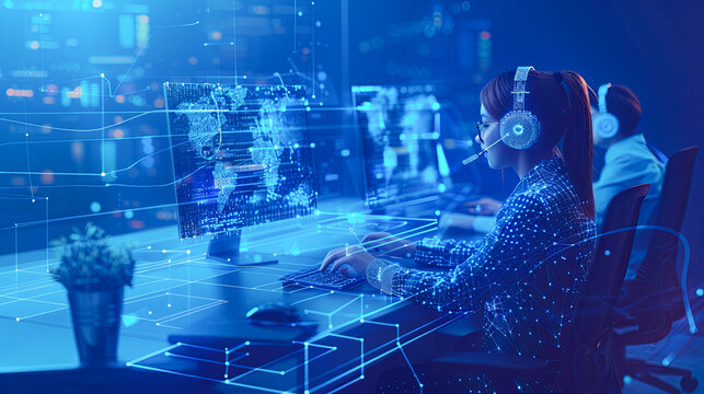 Side view of young female call center operator in headset working in modern office with double exposure of graphs. Toned image