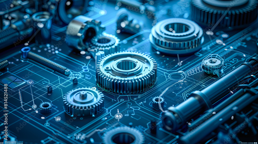 Poster close-up of a printed circuit board with gears and cogwheels