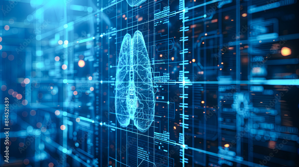 Poster glowing human brain interface on blue background. artificial intelligence and machine learning conce