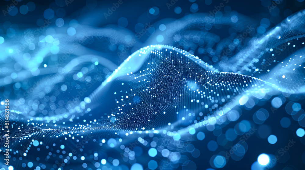 Poster 3d rendering of blue particles forming a wave with depth of field and bokeh effect