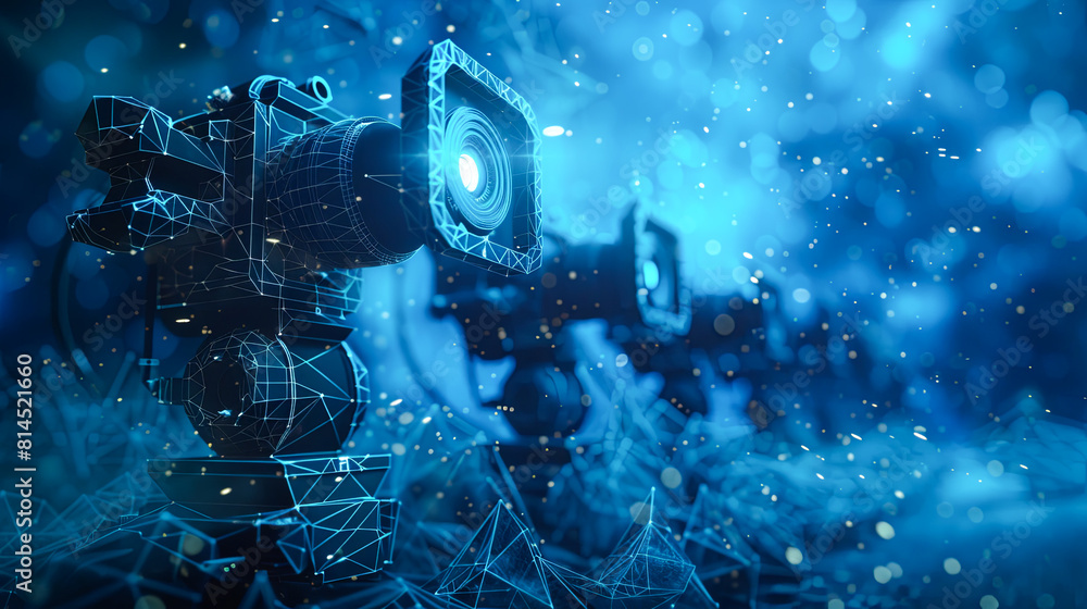 Poster 3d rendering of camera on abstract blue bokeh light background