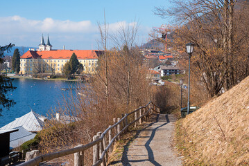walkway tourist resort Tegernsee, view to lake and castle. destination upper bavaria