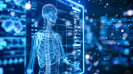 3d rendering x-ray human skeleton in front of medical screen