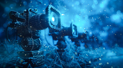 3d rendering of camera on abstract blue bokeh light background