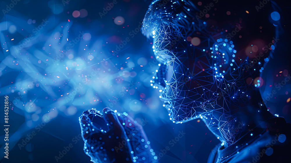 Poster digital cyborg hologram on dark blue background. artificial intelligence concept. 3d rendering