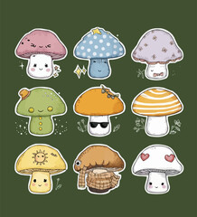 Fototapeta premium Watercolor Mushroom Printable Stickers Vector illustration set