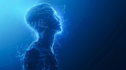 Wireframe female face made of polygonal wireframe on blue background
