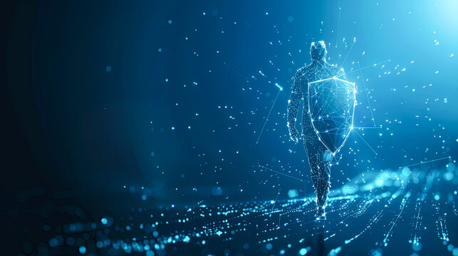 3D rendering of a hologram human figure on a blue background