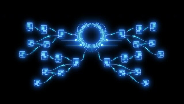 Business process and workflow automation with flowchart. Business and technology concept. Animation of glowing neon line arranging processing management isolated on transparent background.