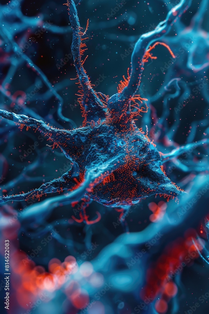 Poster close up view of red and blue lights inside a cell. perfect for technology or security concepts