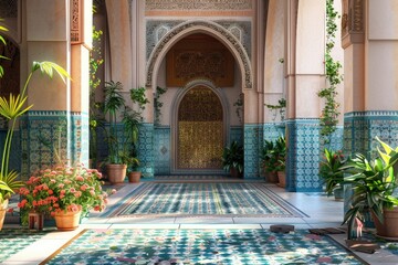 A doorway in a building with potted plants. Suitable for real estate or interior design concepts