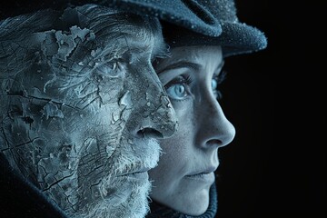 Realistic Grayscale and Blue Surreal Duo Portrait with Exquisite Detail