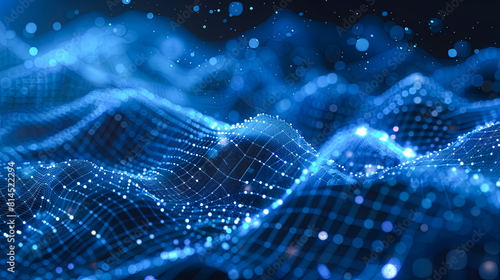 Poster Data technology abstract futuristic illustration. Low poly shape with connecting dots and lines on dark background. 3D rendering. Big data visualization.