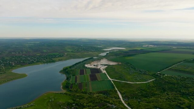aerial view over duruitoarea quarry on prut river shore during sunrise on the north of moldova