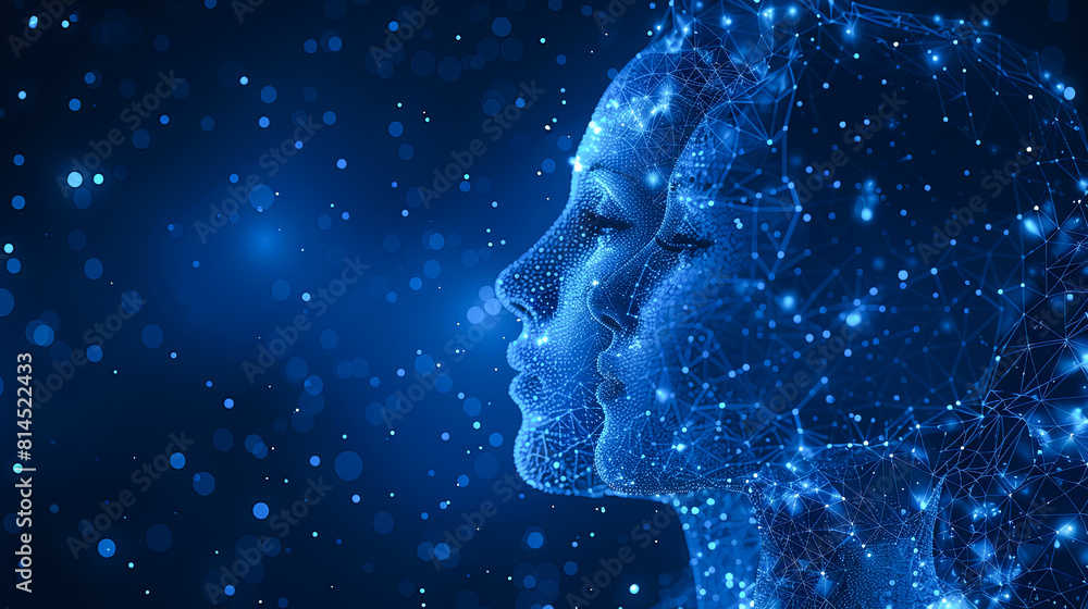Poster 3d rendering of artificial intelligence concept with human head on blue background