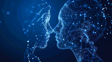 Abstract polygonal human head on blue background. Artificial intelligence concept. 3D Rendering