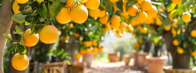 orange citrus flowers grow in the orangery greenhouse, banner