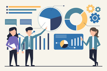 Business people working with charts and diagrams. Vector illustration in flat style