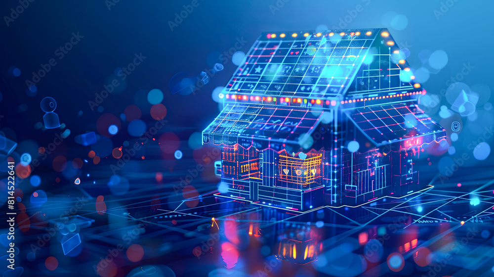 Poster 3d rendering of house with solar panels on the background of bokeh lights