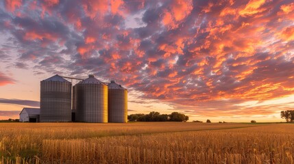 A tranquil countryside setting with grain silos framed by a colorful sunset sky, evoking a sense of peace and contentment in rural life.