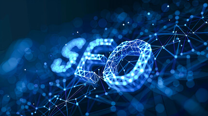 3D rendering of the word SEO on a blue background with connection lines and dots