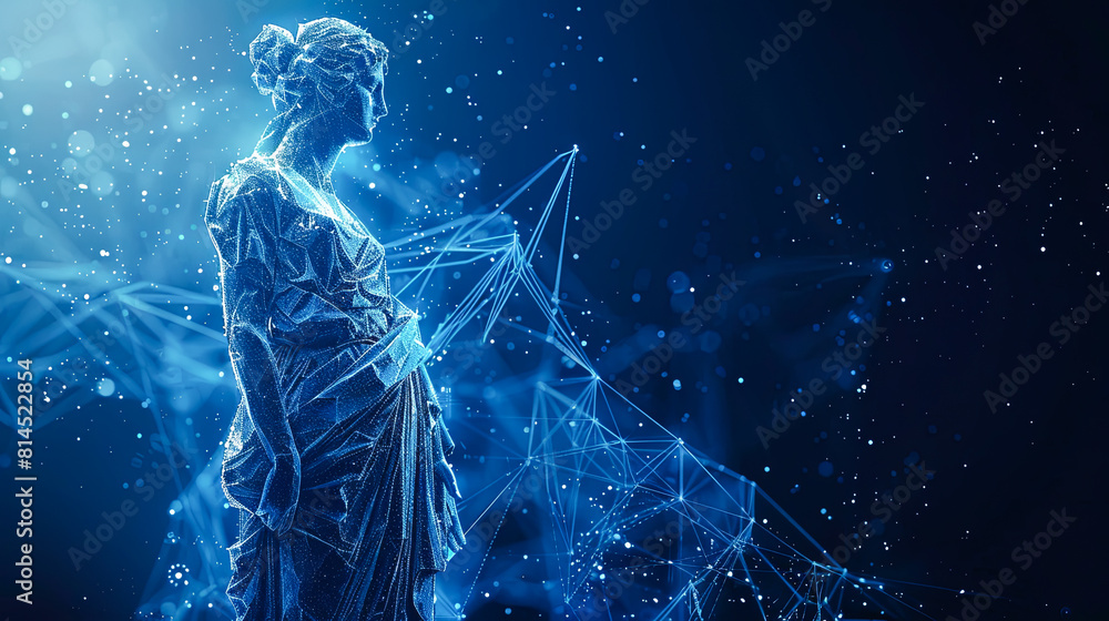 Poster 3d rendering of a female figure on a dark blue background with connecting lines and dots