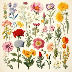 Botany. Set. Vintage flowers. Herbs and Wild Flowers. Colorful illustration in the style of engravings.