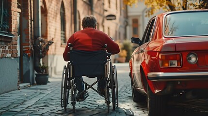Man in Wheelchair Navigating City Streets Beside Red Car. Independent Life of Disabled Person. Overcoming Challenges with Mobility Aid. AI