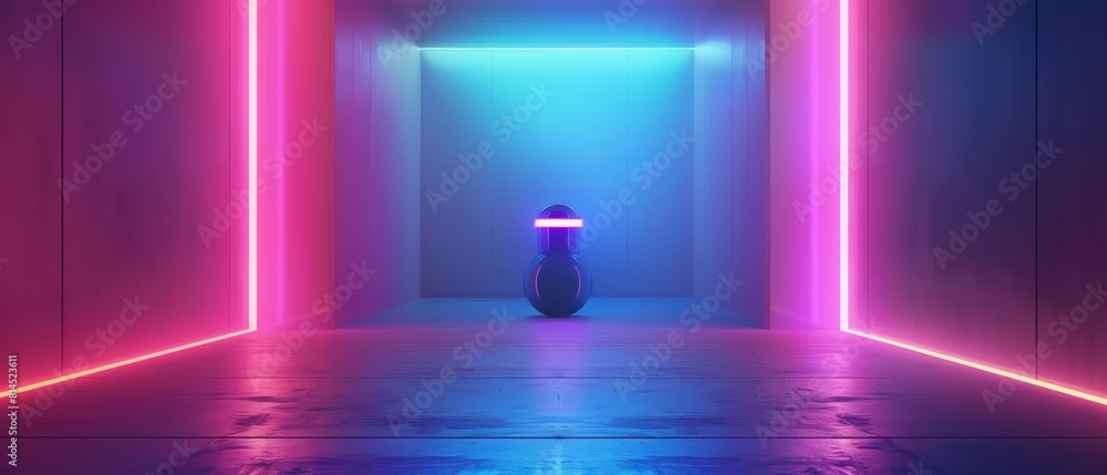 Poster 3d product display background featuring a colorful glow hud icon of a futuristic robot
