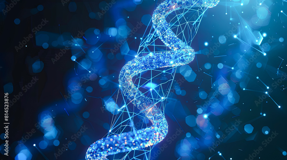 Poster dna molecule structure on blue background. 3d rendering toned image double exposure