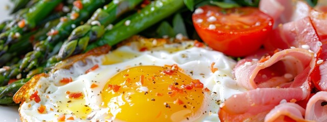 Ketogenic diet. Keto brunch breakfast. fried eggs, asparagus bacon, ham, tomatoes and salad. Food recipe background. Close up.