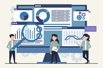 Data analysis concept. Group of business people working on computer. Vector illustration in flat style