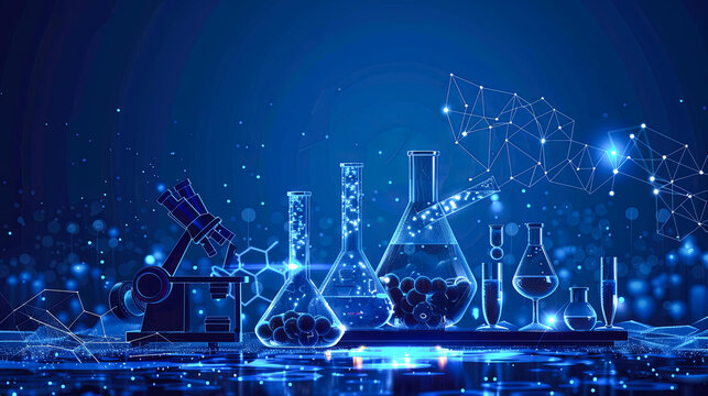 Science laboratory research and development concept. microscope, test tubes and flasks on blue background.