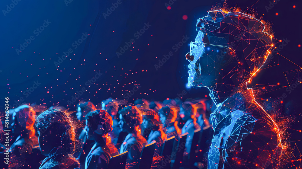 Poster crowd of people watching a robot. artificial intelligence concept. 3d rendering