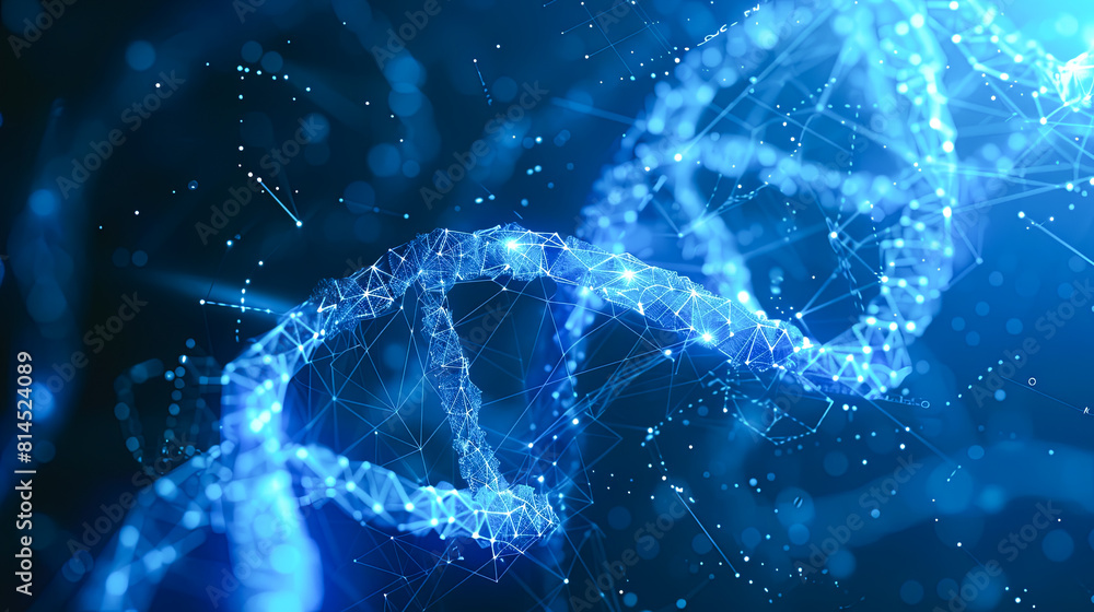 Poster dna molecule structure on blue background. 3d rendering toned image double exposure