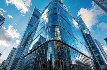 Towering Glass Skyscraper Amidst Urban Landscape