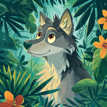 Cute illustration of Akela the wolf in the jungle