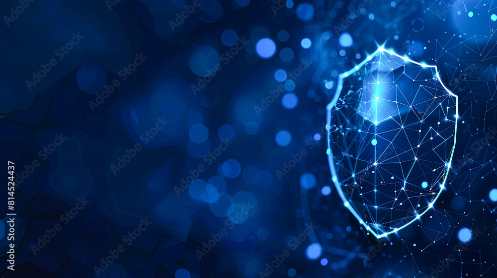 Poster cyber security concept. abstract blue background with polygonal network and shield
