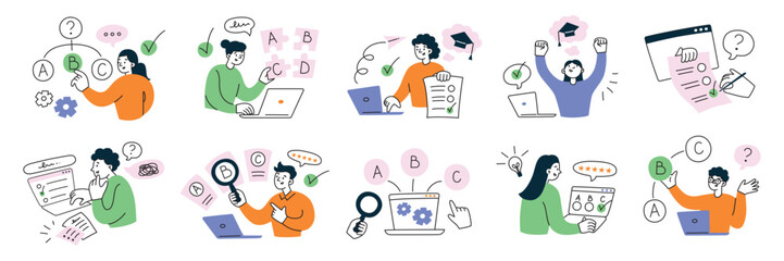 Students passing exams, tests in college, choosing answers on laptop. Distant education. Set of compositions with questions and checkboxes, colored vector illustrations of cartoon people