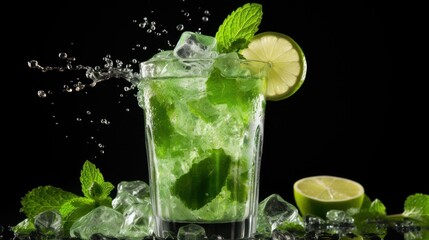 glass of cocktail with lime and mint. Fresh Mojito cocktail with lime, rosemary, mint and ice in jar glass. drink in freeze motion, drops in liquid splash. Summer cold drink