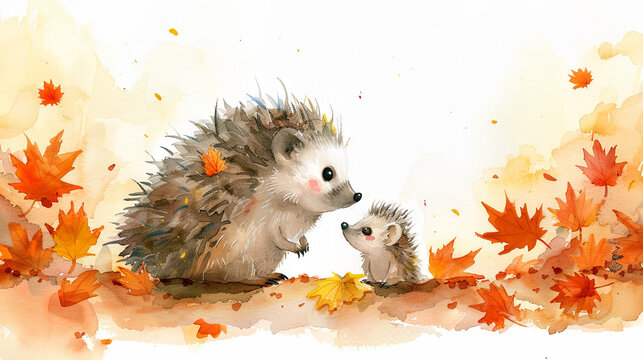 watercolor illustration of family of hedgehog in the autumn leaves background, love concept