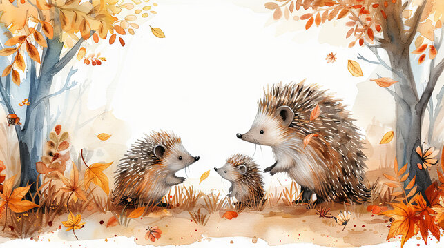 watercolor illustration of family of hedgehog in the autumn leaves background, love concept