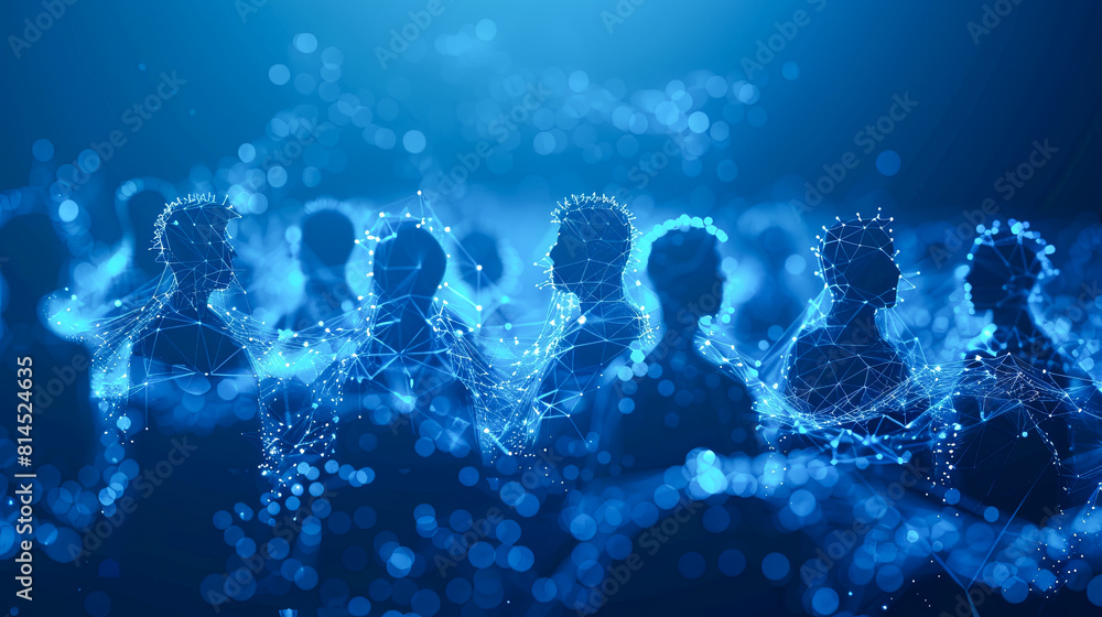 Poster 3d rendering of people connected by lines and dots on blue background