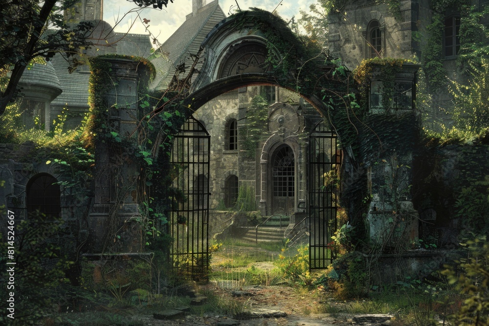 Poster an old stone building with a gate in front of it. suitable for architectural and historical concepts